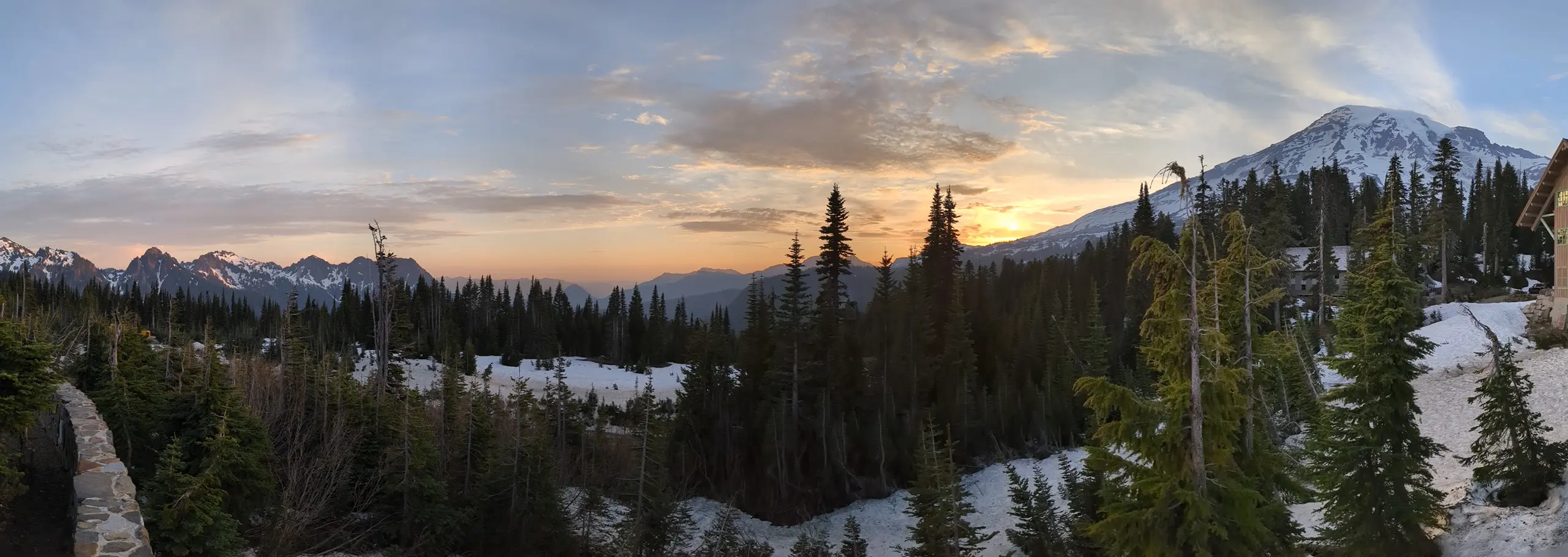 Sunset at Mount Rainier National Park, view from Paradise, panorama photo.