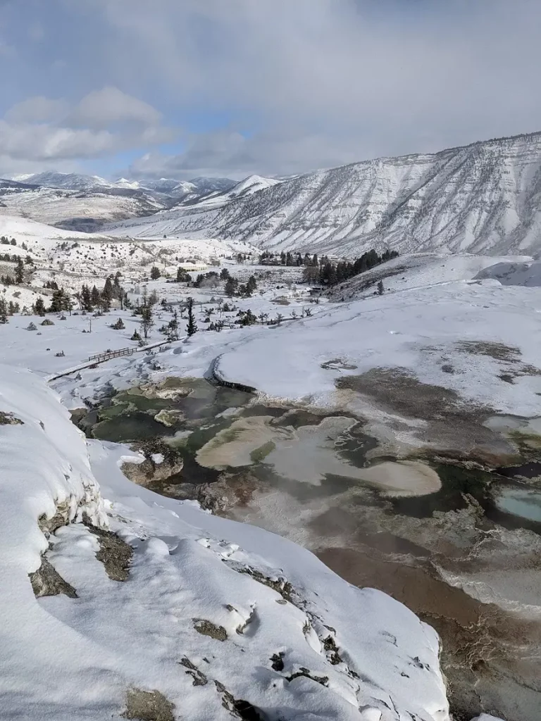 Yellowstone Smaller A snowy landscape at Yellowstone's Mammoth Terrace, featuring geothermal pools with green and tan mineral deposits steaming amid the snow. Surrounding the terrace are snow-covered hills and distant mountain ranges under a partially cloudy sky. The scene captures the contrast between the geothermal activity and the winter environment.