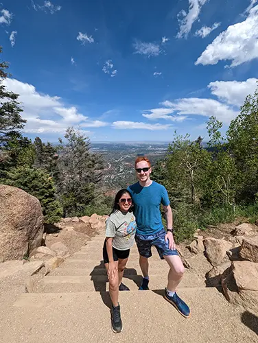 Minerva and Samuel climb the 2,744 steps, 2000 vertical foot incline of Manitou Incline, Colorado.
