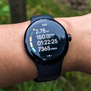 Google Pixel Watch A Google Pixel Watch with a black band is worn on a person's wrist, displaying fitness tracking data from the Fitbit app. The screen shows a hiking workout summary: 2.75 miles covered, a heart rate of 150 bpm labeled as "vigorous," a duration of 1 hour, 22 minutes, and 25 seconds, and 7,365 steps taken. The background features a blurred, green, wooded area in Great Smoky Mountains National Park.