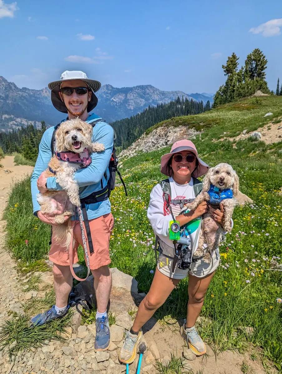 Minerva Sam Toby And Lily At Mount Rainier Two smiling hikers stand on a rocky trail in Mount Rainier National Park, each holding a small fluffy dog. Behind them are wildflowers, green hills, and jagged mountain peaks under a blue sky. One dog wears a pink harness and the other a blue one, both looking happy to be part of the adventure.