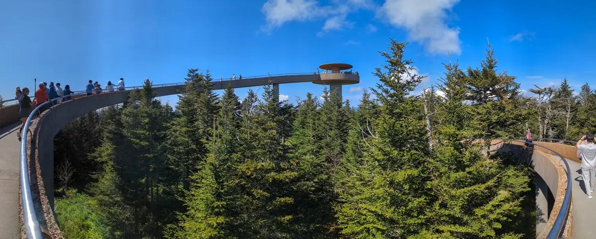 Kuwohi Observation Tower Panorama Wide panoramic view of the spiraling concrete ramp leading to Kuwohi Observation Tower, surrounded by a dense evergreen forest under a bright blue sky with scattered clouds. Several visitors walk along the elevated path, enjoying the scenic overlook above the treetops.
