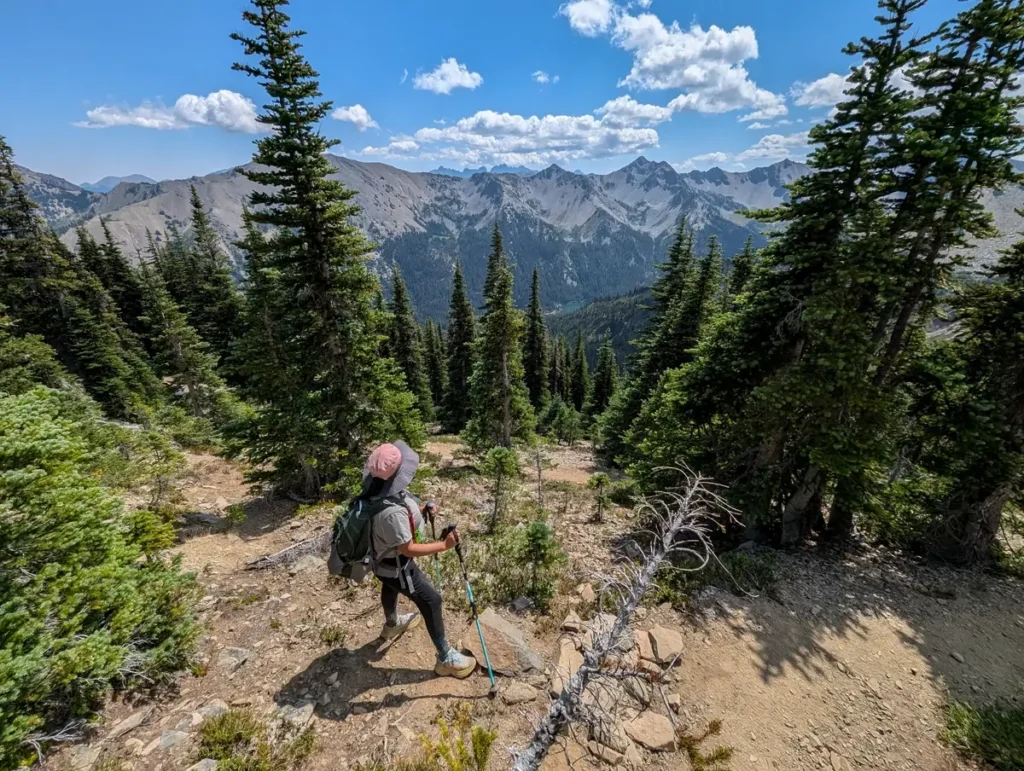 A hiker wearing a pink sun hat and backpack treks through a dirt trail flanked by tall evergreens, with dramatic jagged peaks of the Olympic Mountains rising in the background under a blue sky with scattered clouds. Grand Lake is in the distance.