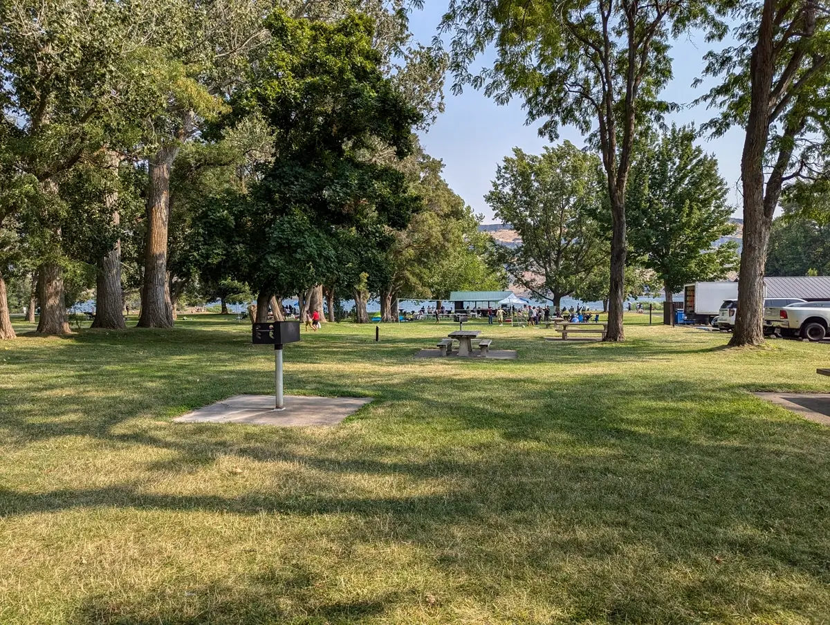 Maryhill State Park Washington Picnic Area Shaded picnic area with public grills and tables beneath tall trees at Maryhill State Park. Groups of people gather near a pavilion by the Columbia River, with parked trucks and a building visible in the background.