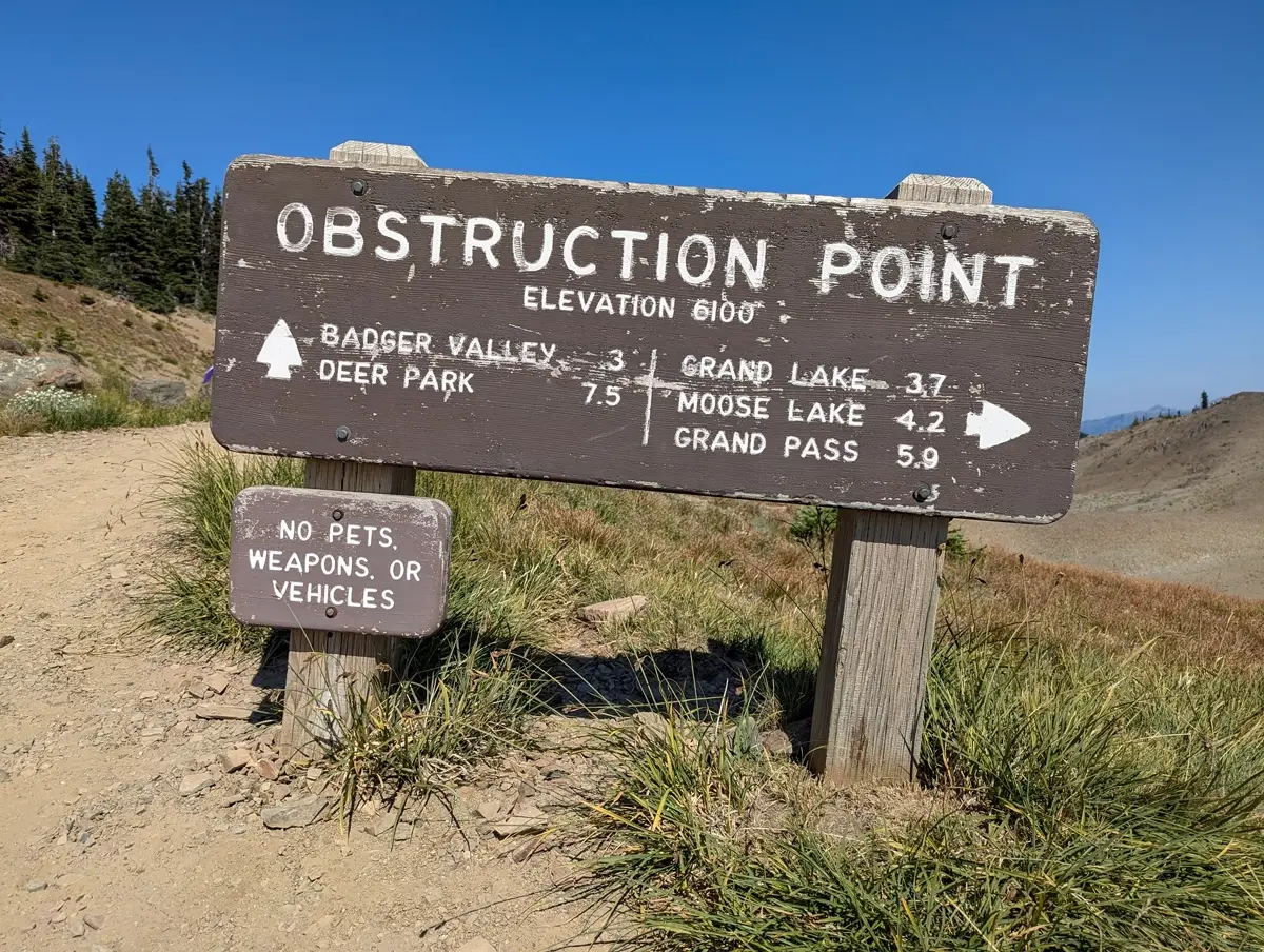 Obstruction Point Sign Olympic National Park A weathered wooden trail sign marks the Obstruction Point trailhead at 6,100 feet, with directions and mileage to Badger Valley, Deer Park, Grand Lake, Moose Lake, and Grand Pass, alongside a smaller sign that prohibits pets, weapons, or vehicles.