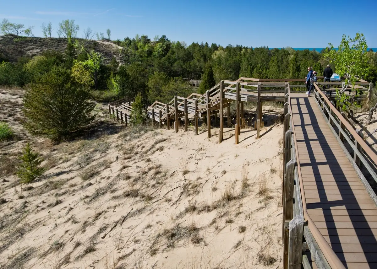 Indiana Dunes Boardwalk Wooden boardwalk and stairs winding through sand dunes and forest on the Dune Succession Trail in Indiana Dunes National Park.