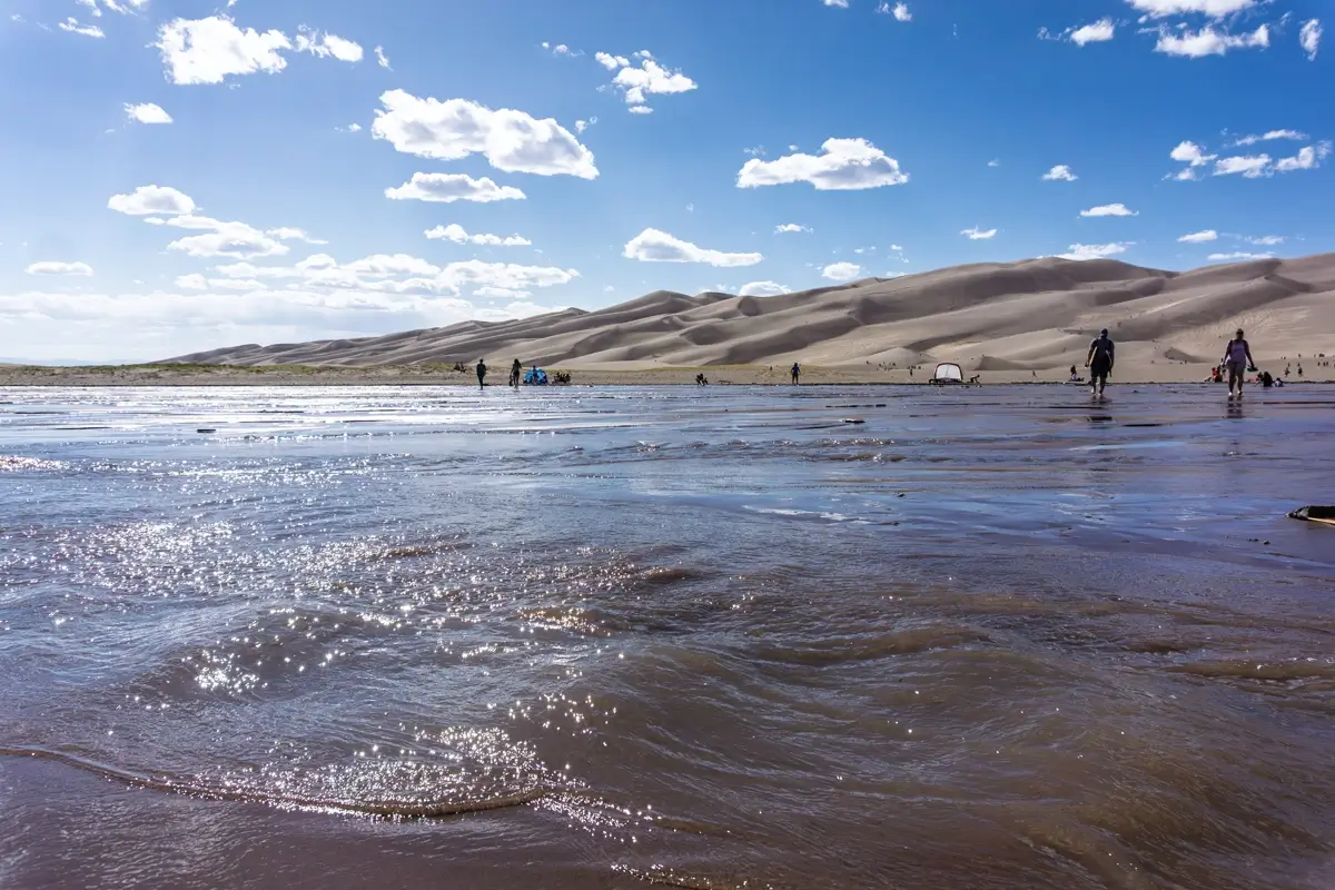 Flowing Medano Creek Visitors walking along the shimmering surface of Medano Creek at the base of the Great Sand Dunes National Park in Colorado, with tall golden dunes rising against a clear blue sky.
