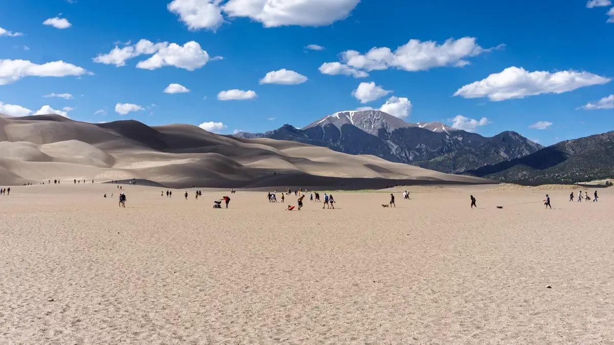 Sangre De Cristo Mountains Behind Great Sand Dunes National Park Visitors explore the vast sandy expanse of Great Sand Dunes National Park, with tall dunes rising before the rugged, snow-capped peaks of the Sangre de Cristo Mountains beneath a clear blue sky.