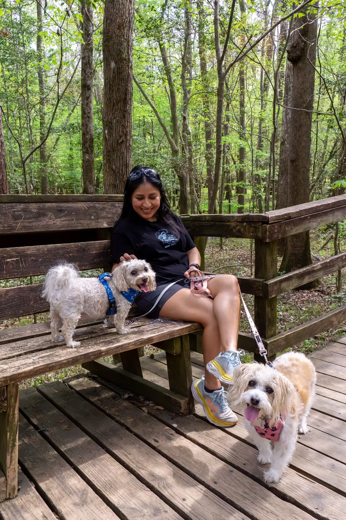 A woman sits smiling with two small, leashed dogs on a bench along the pet-friendly Boardwalk Loop Trail in Congaree National Park.