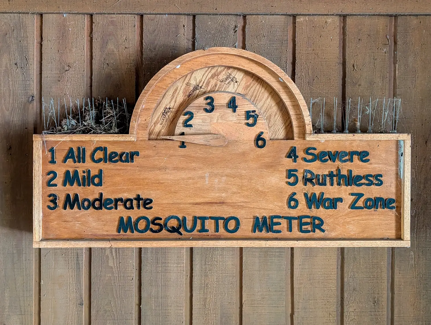 The iconic Congaree Mosquito Meter near the start of the Boardwalk Trail, showing the current insect activity level in the cypress swamp.